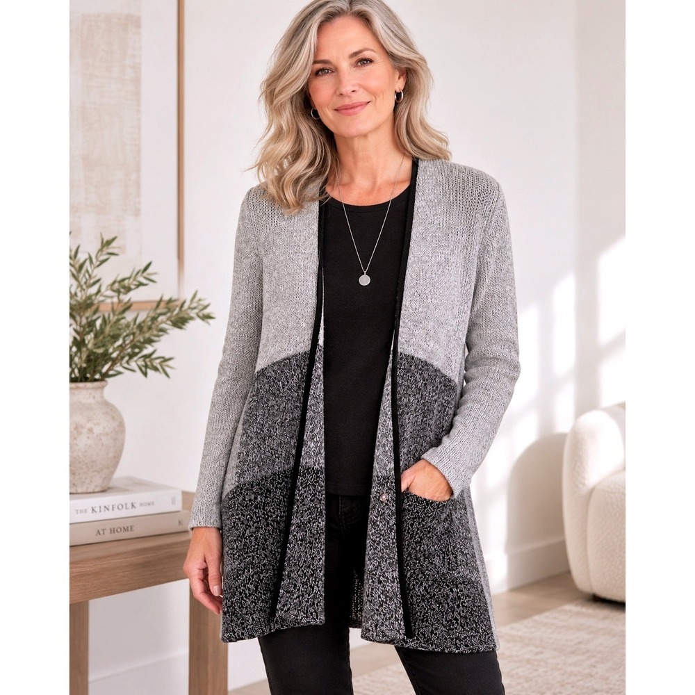 Eileen Fislineher Organic Linen Wool Cardigan Womens M Gray Black Open Longline